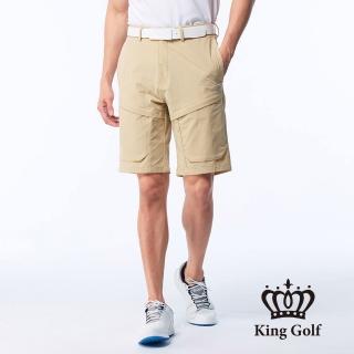 【KING GOLF】速達-網路獨賣款-LOGO燙標口袋造型立體剪裁彈性高爾夫球短褲(卡其)