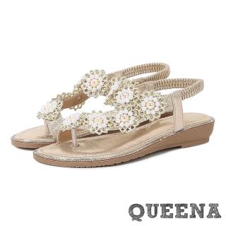 【QUEENA】坡跟涼鞋 7字涼鞋/浪漫蕾絲珍珠花朵夾腳7字造型坡跟涼鞋(金)