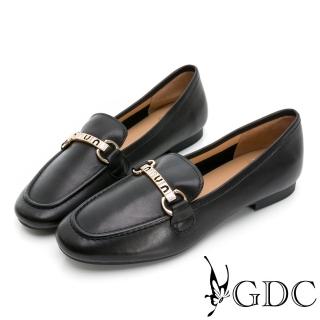 【GDC】真皮方頭銀釦舒適平底樂福包鞋-黑色(224471-00)