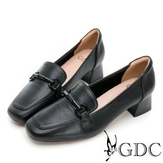 【GDC】真皮基本款素色釦百搭粗跟方頭樂福鞋-黑色(224464-00)