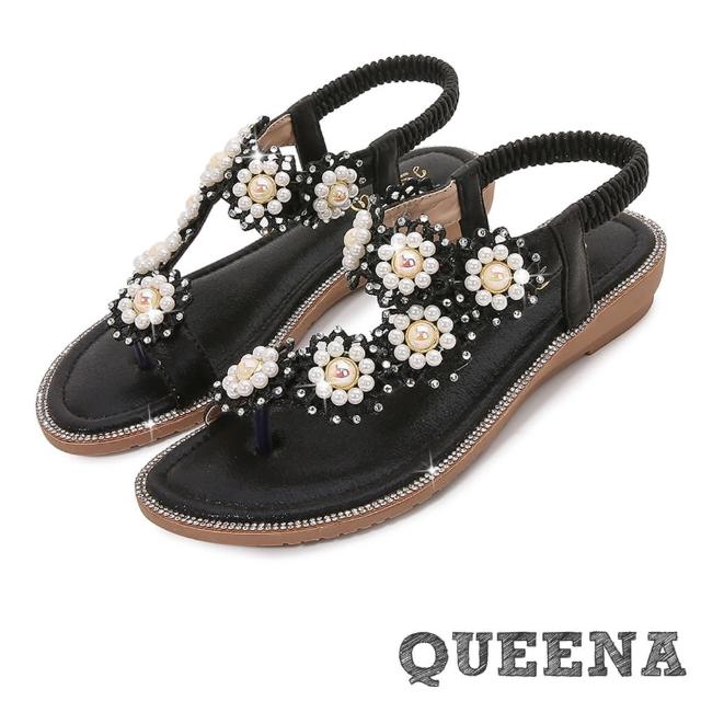 【QUEENA】坡跟涼鞋 7字涼鞋/浪漫蕾絲珍珠花朵夾腳7字造型坡跟涼鞋(黑)