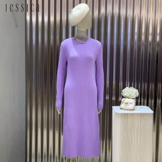 【JESSICA】百搭修身坑條羊絨混紡長袖針織洋裝22437G（紫）