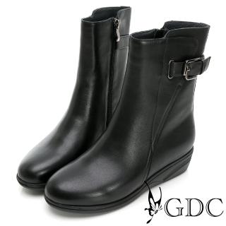 【GDC】帥氣真皮側釦中筒楔型靴-黑色(228560-00)