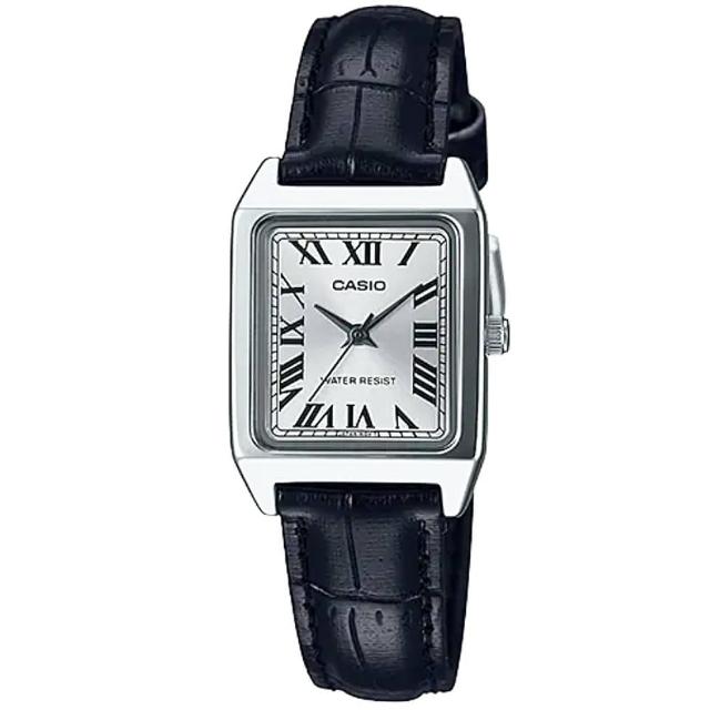 【CASIO 卡西歐】經典時尚方形銀框皮革腕錶-羅馬數字銀面(LTP-V007L-7B1)