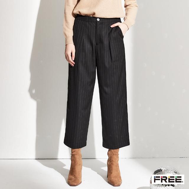 【FREE】進口毛料彈性直條紋九分褲(鐵灰/黑色)
