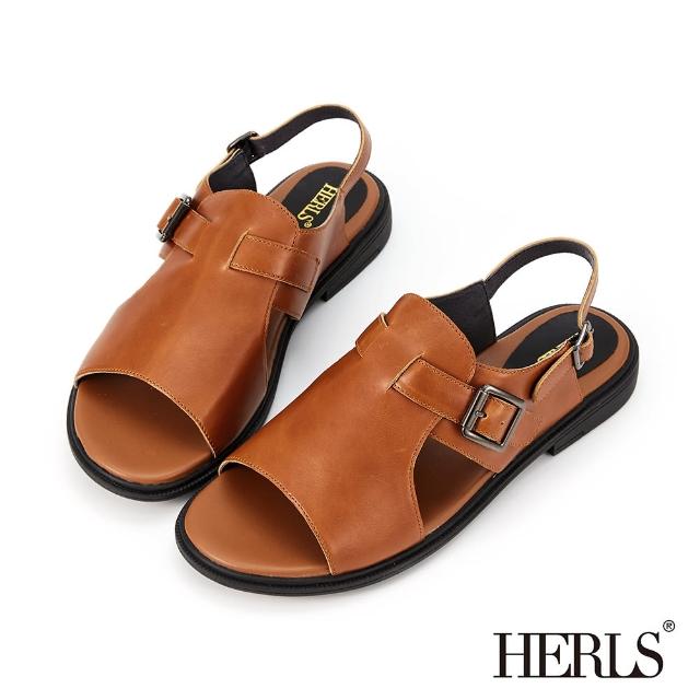 【HERLS】涼鞋-個性牛皮寬版橫帶釦環平底涼鞋(棕色)