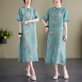 【Paiya 派亞】新式旗袍棉麻裙盤扣休閒渡假洋裝宴會禮服(M-2XL連衣裙)