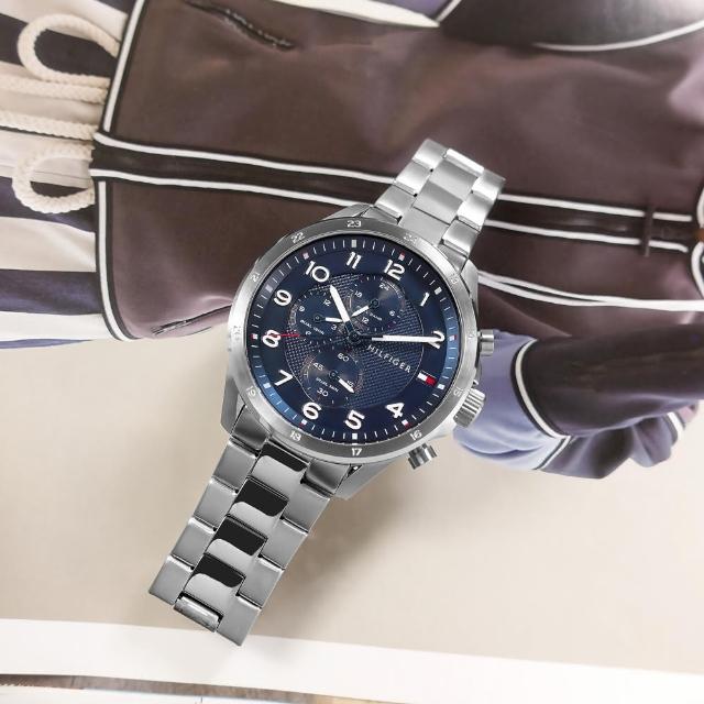【Tommy Hilfiger】都會時尚 經典潮流 兩地時間 日本機芯 不鏽鋼手錶 藍色 44mm(1792007)