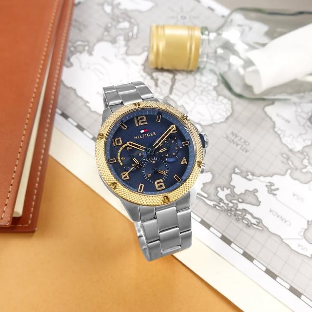 【Tommy Hilfiger】復古時尚 大刻度 經典潮流 礦石強化玻璃 星期日期 不鏽鋼手錶 藍色 46mm(1792031)