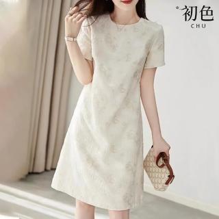 【初色】清涼感時尚提花純色圓領短袖A字裙連身裙洋裝-花色-68875(M-2XL可選)