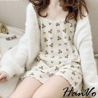 【HanVo】現貨 熊熊小清新吊帶蕾絲睡衣套裝(舒適透氣親膚彈性居家套裝 日常韓系女裝 女生衣著 5955)