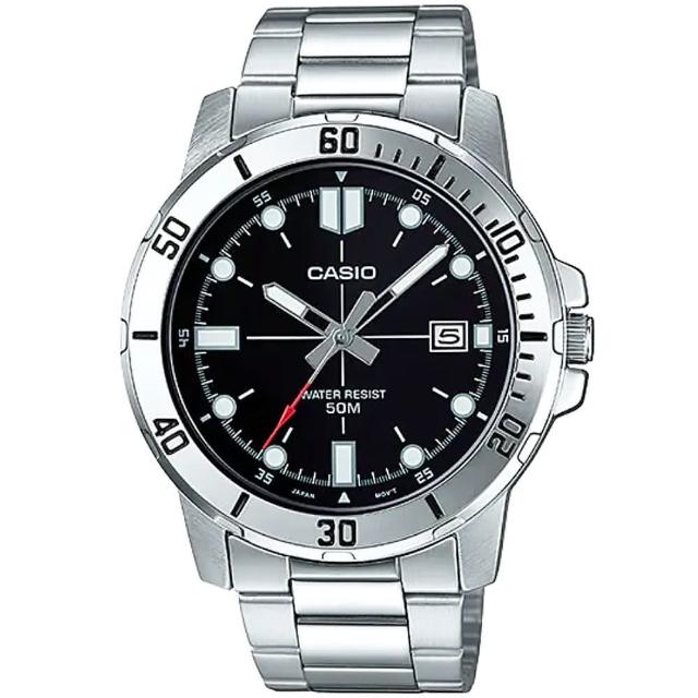 【CASIO 卡西歐】超清晰防水50米日期顯示不鏽鋼指針錶-黑面丁時刻(MTP-VD01D-1E)