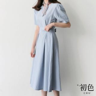 【初色】清涼感圓領素色收腰短袖中長裙洋裝-共3色-68693(M-XL可選)