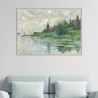 《小日尼維利耶的塞納河畔》莫內Monet．印象派畫家 世界名畫 經典名畫 風景油畫-白框60x80CM