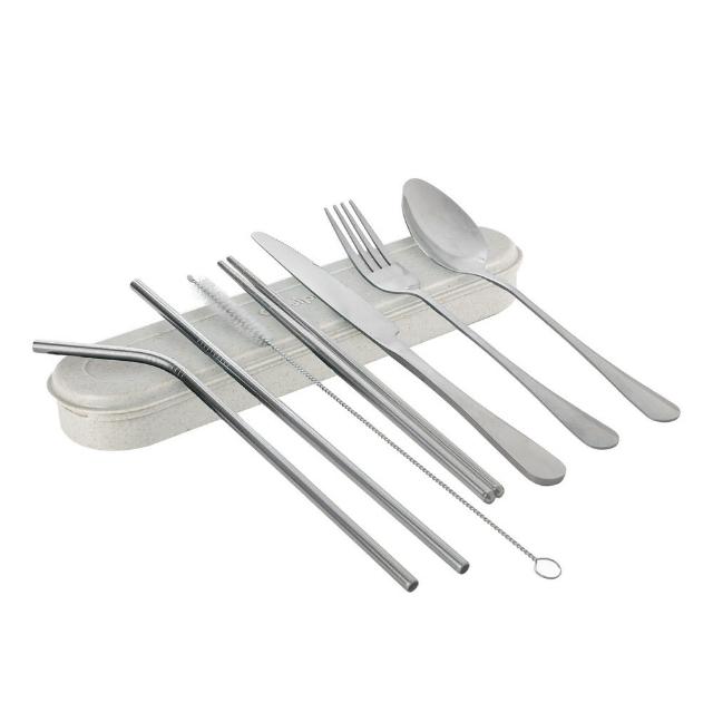 【CUISIPRO】清潔刷+環保吸管餐具組 淺灰(湯匙 叉子 餐刀)