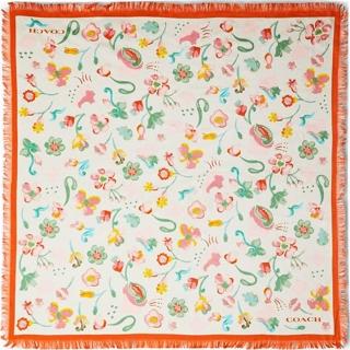 【COACH】白X彩色花朵X橘流蘇夢幻之地蠶絲方型圍巾