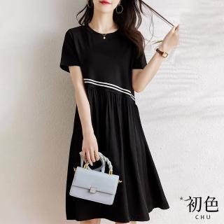 【初色】清涼感圓領寬鬆遮肉連身中長裙洋裝-黑色-68893(M-2XL可選)