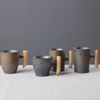 【JEN】日式木柄陶瓷水杯馬克杯鎏金系列(3款可選)