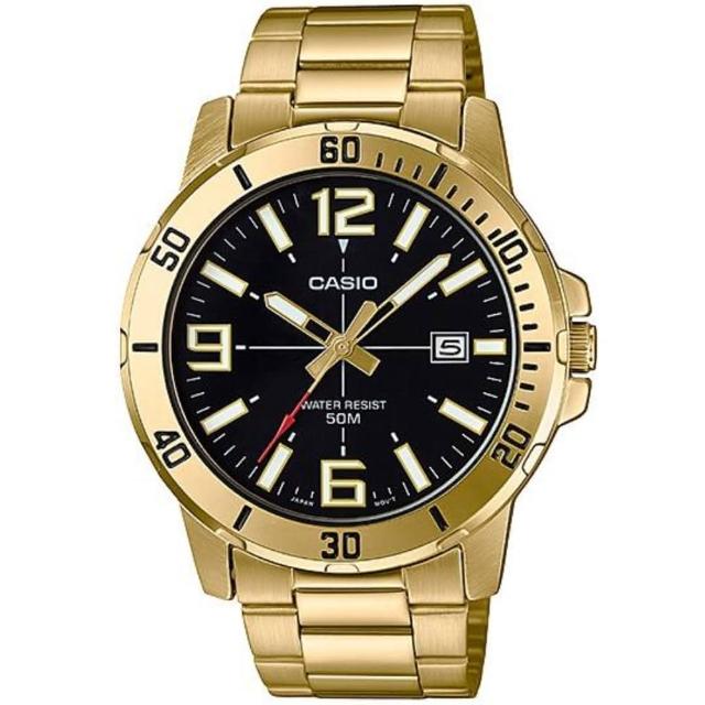 【CASIO 卡西歐】超清晰防水50米日期顯示不鏽鋼指針錶-金色X黑面(MTP-VD01G-1B)