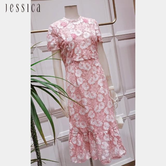 【JESSICA】刺繡花卉蕾絲收腰短袖長洋裝233279