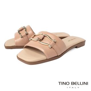 【TINO BELLINI 貝里尼】巴西進口牛皮寬帶馬銜釦平底涼拖鞋FSQT005(杏)