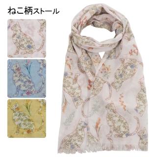 【日本SOLEIL】頂級設計100%純棉貓咪圖騰透氣柔軟舒適絲巾羊毛觸感圍巾披肩脖圍(白色)