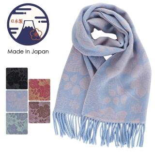 【日本SOLEIL】日本製浪漫玫瑰花葉頂級設計羊毛觸感柔軟保暖圍巾披肩脖圍(天空藍)
