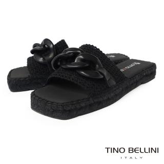 【TINO BELLINI 貝里尼】西班牙進口編織寬布粗飾鍊方頭麻編涼拖鞋FSQO007(黑)