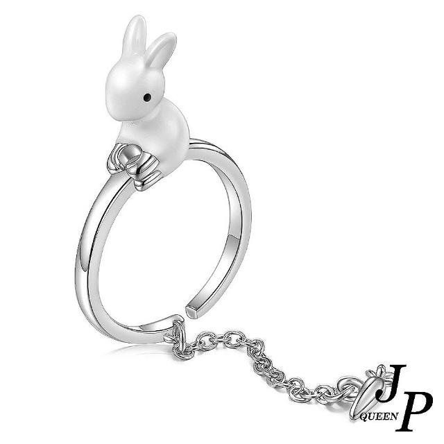 【Jpqueen】月夜白兔滴膠鍊條開口彈性戒指(銀色)
