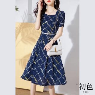 【初色】清涼感方領格紋印花優雅氣質連衣裙洋裝-藏青色-67151(M-2XL可選)