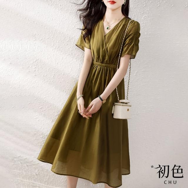 【初色】清涼感素色V領法式收腰休閒連身連衣裙洋裝-棕綠色-67112(M-XL可選)