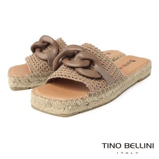 【TINO BELLINI 貝里尼】西班牙進口編織寬布粗飾鍊方頭麻編涼拖鞋FSQO007(棕)