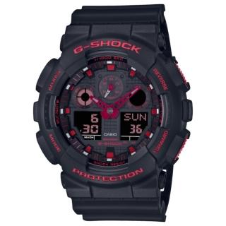 【CASIO 卡西歐】G-SHOCK 焰紅配色 大錶殼雙顯手錶(GA-100BNR-1A)