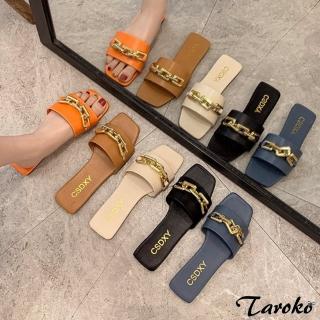 【Taroko】夏季注目金屬鍊方頭平底大尺碼涼鞋(5色可選)