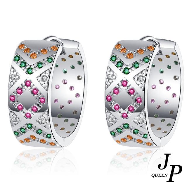 【Jpqueen】拼貼條紋彩鑽設計圈圈耳環(銀色)