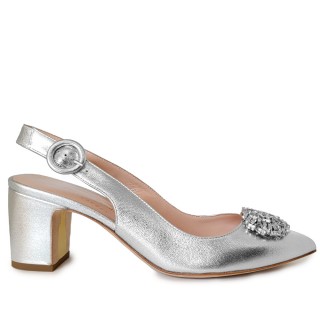 【Rupert Sanderson】時尚氣質銀水鑽飾環踝粗跟鞋(銀)