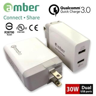 【AMBER】30W足瓦 QC3.0高通認證雙端口USB充電器(QC3.0+2.4A雙孔充電)
