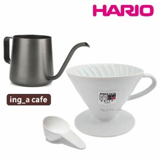 【HARIO】V60 4人份有田燒陶瓷濾杯+Ing_a 黑色不鏽鋼細口壺