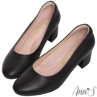 【Ann’S】每日優雅-小羊皮圓頭粗跟全真皮包鞋5cm(黑)