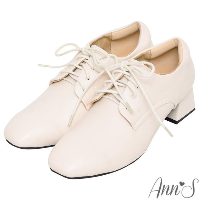 【Ann’S】簡單最真實-皮革素面綁帶方頭粗跟牛津鞋4cm-版型偏小(白)