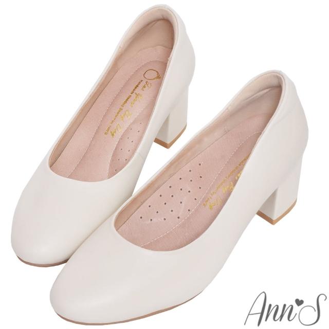 【Ann’S】每日優雅-小羊皮圓頭粗跟全真皮包鞋5cm(白)