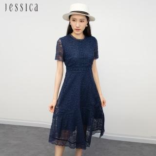【JESSICA】氣質收腰花卉蕾絲不規則裙擺長洋裝23337A（藍）
