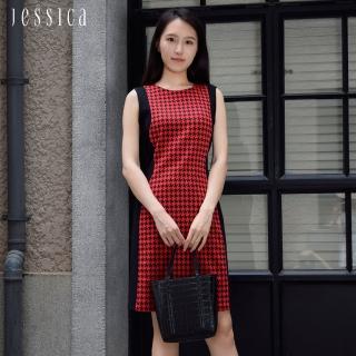 【JESSICA】修身顯瘦千鳥格紋拼色無袖洋裝233379（紅）