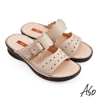 【A.S.O 阿瘦集團】機能休閒 手縫氣墊花朵黏帶牛皮拖鞋(卡其色)