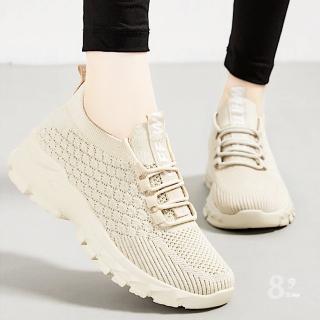 【89 zone】日系時尚飛織透氣輕便質感 女鞋 運動鞋 休閒鞋 大尺碼 鞋 慢跑鞋(卡其)