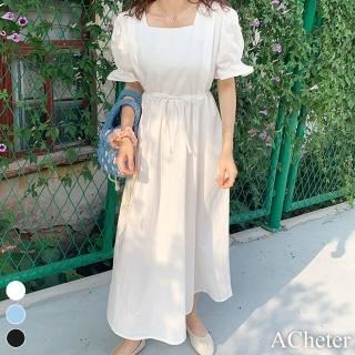 【ACheter】ins慵懶風復古韓版寬鬆純色方領喇叭五分袖長版棉麻連身裙洋裝#116534(3色)