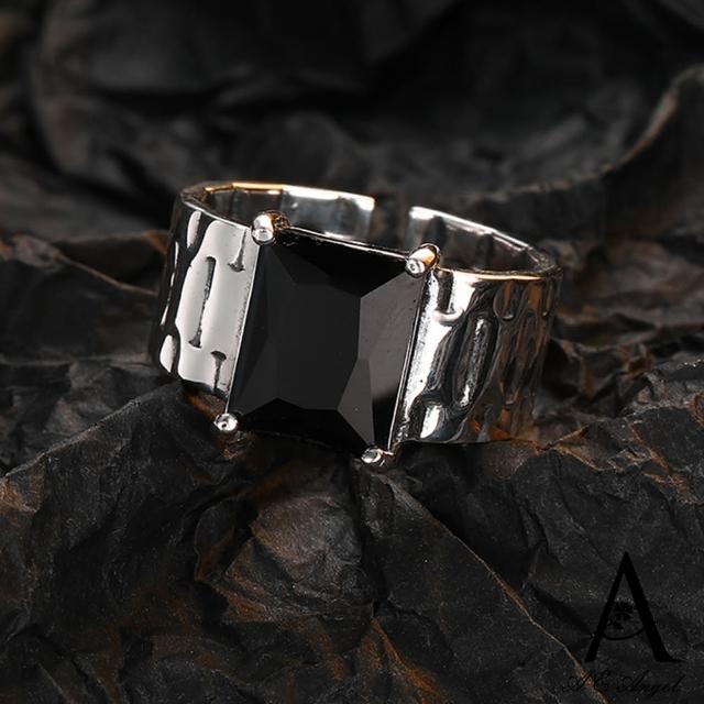【ANGEL】設計中性錶帶黑晶開口彈性戒指(銀色)