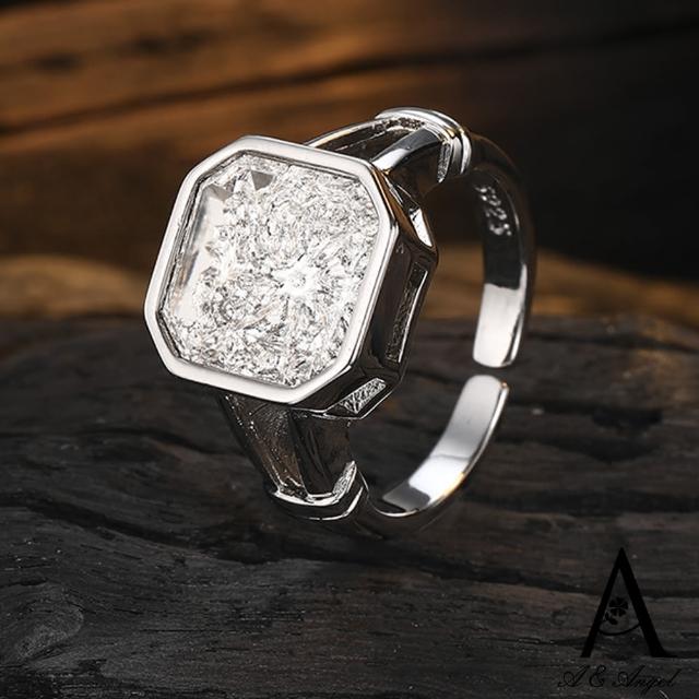 【ANGEL】知性茶晶方形鋯石開口彈性戒指(銀色)