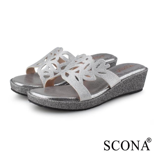 【SCONA 蘇格南】精緻鑽飾楔型涼拖鞋(銀色 31169-2)