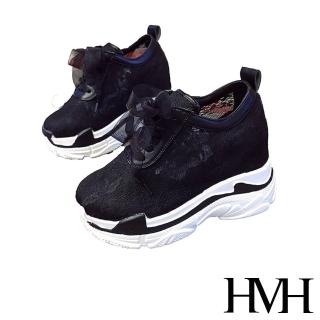 【HMH】內增高休閒鞋 厚底休閒鞋/唯美蕾絲網布拼接內增高厚底休閒鞋(黑)